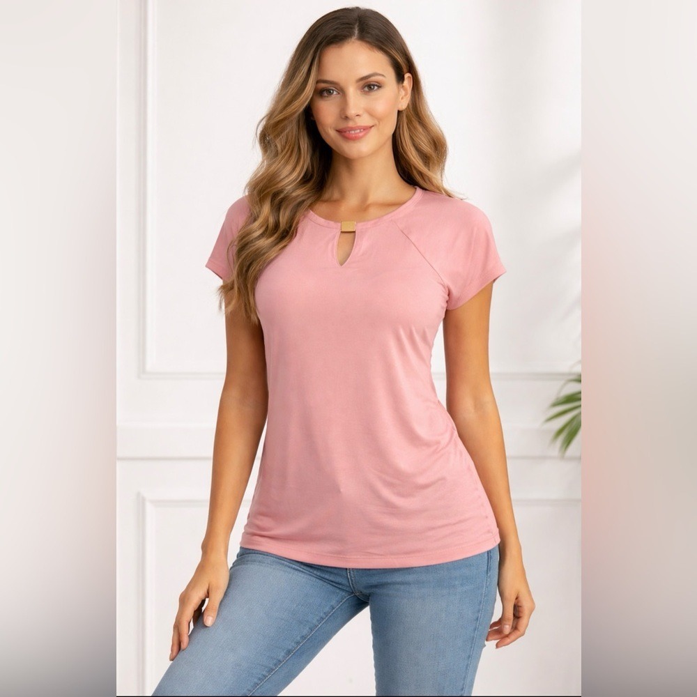 Liz Claiborne Pink Keyhole Neck Gold Bar Short Sleeve Blouse Top XS New